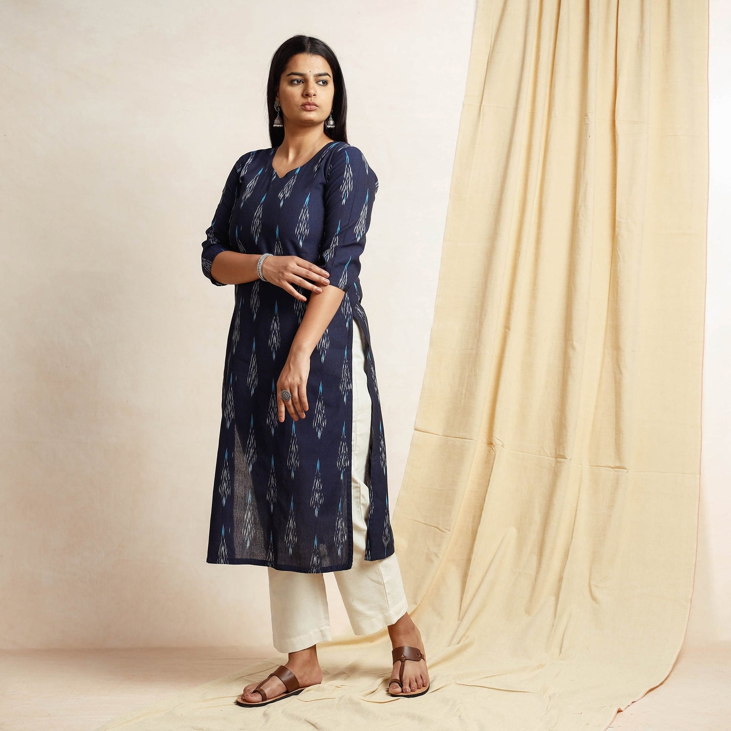 Buy Blue Pochampally Ikat Weave Cotton Long Kurta