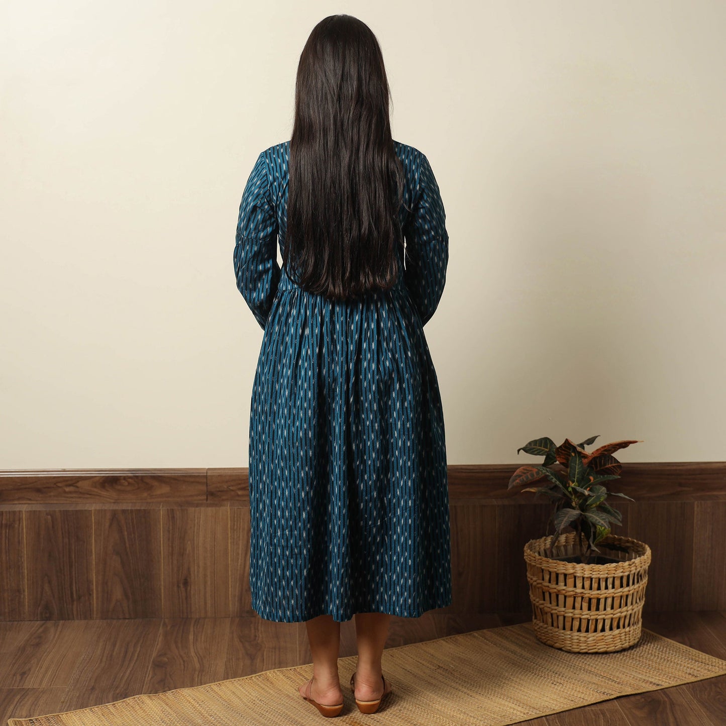 Pochampally Ikat Weave Cotton Pintuck Flared Dress 02