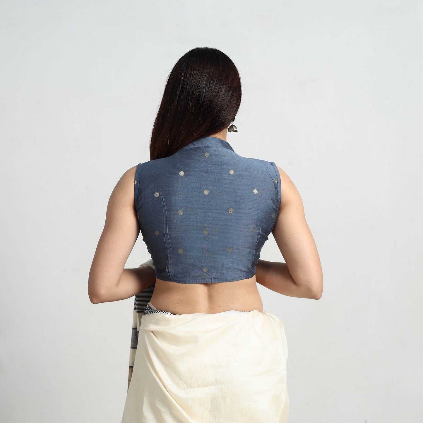 Blue - polka dot zari buti silk stitched plain blouse 04