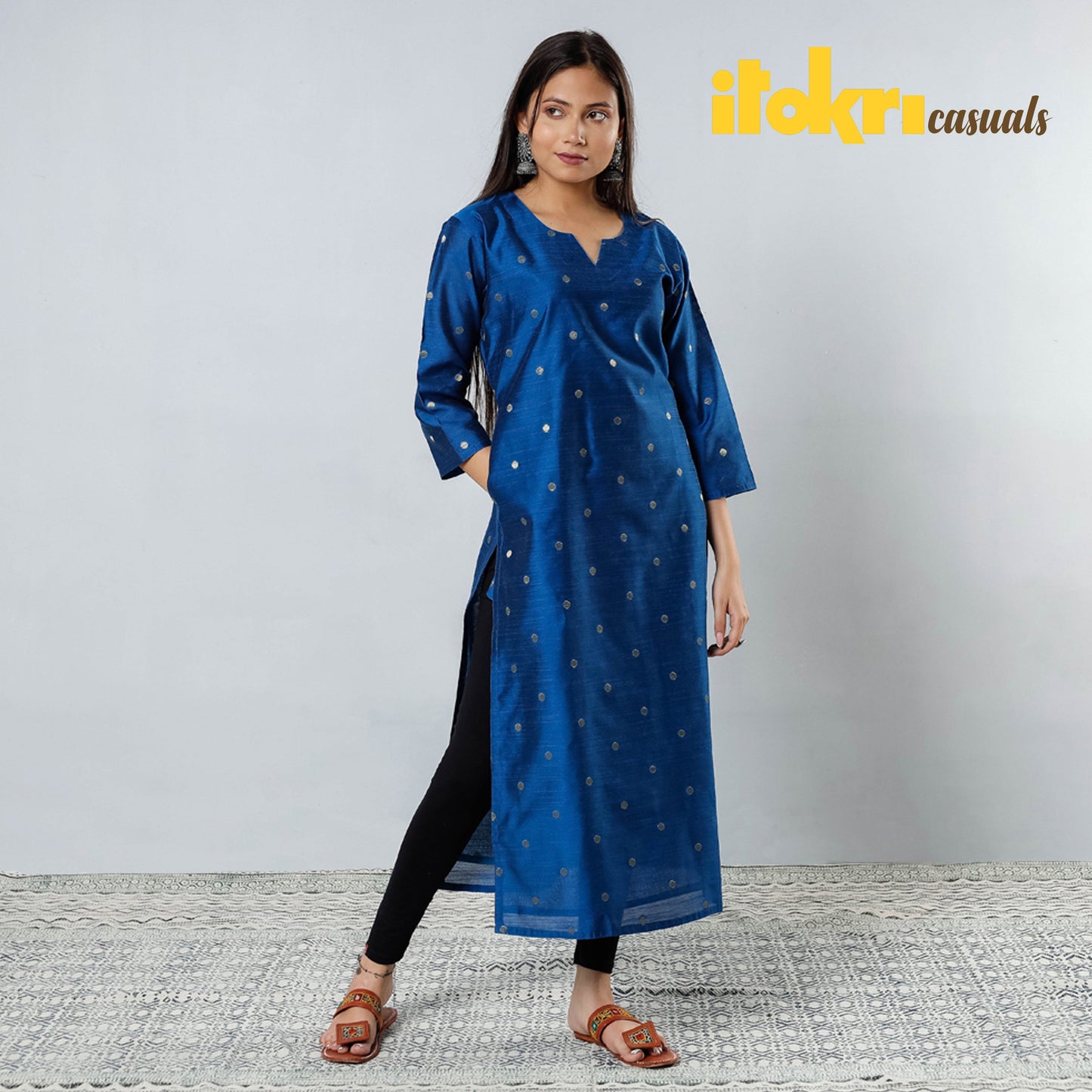 Polka Zari Butta Spun Dupion Silk Long Kurta for Women