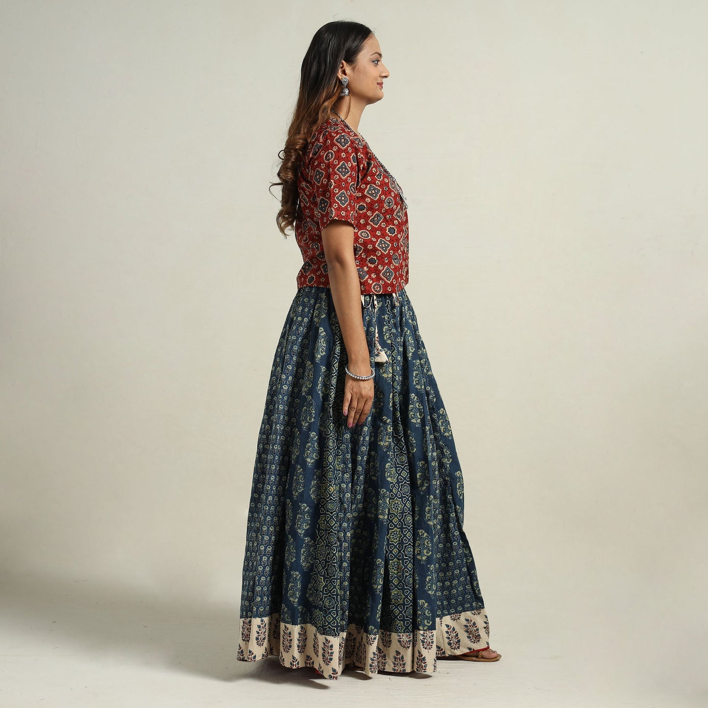 Ajrakh Block Printed 24 Kali Patchwork Cotton Long Skirt 01