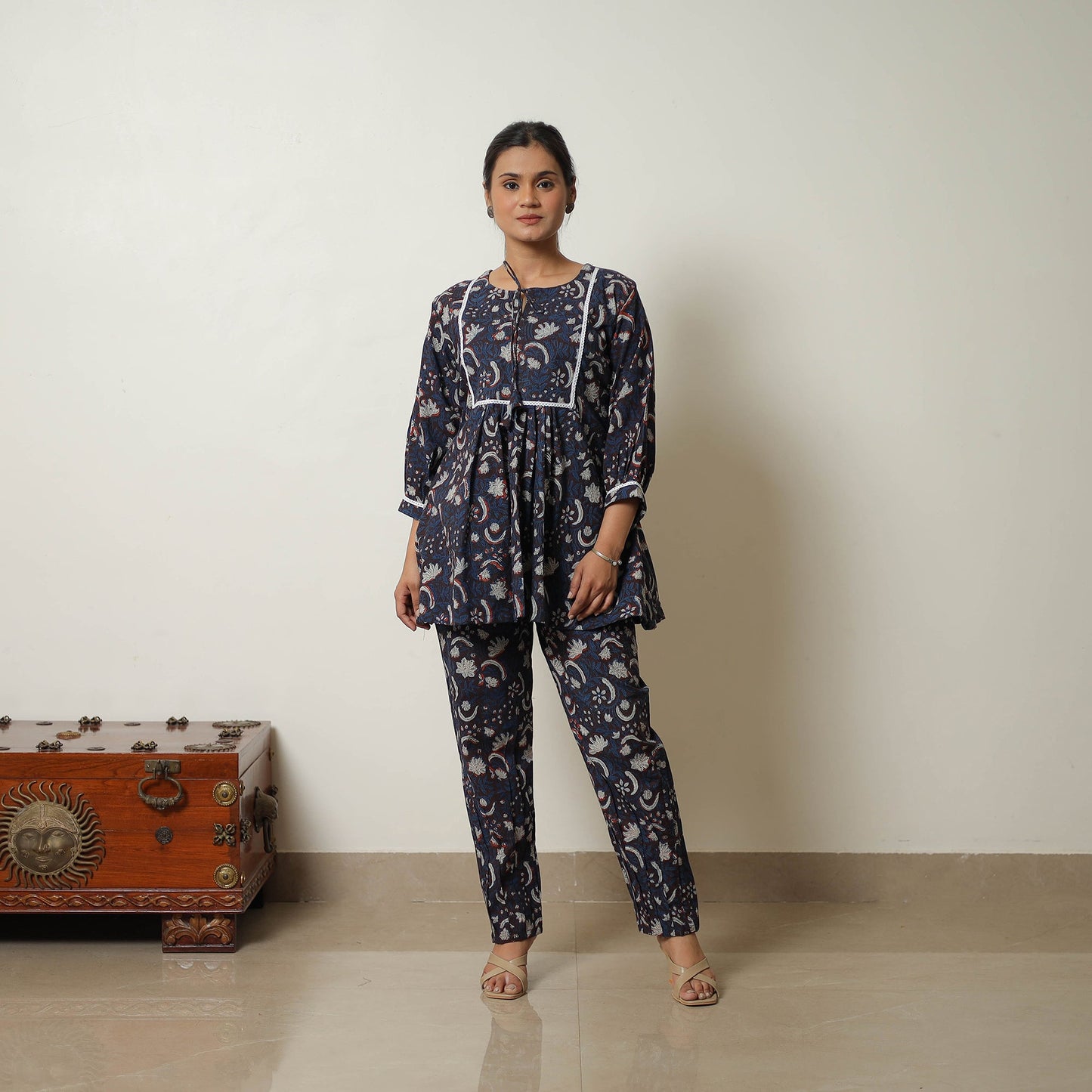 Blue Block Print Cotton Bagru Co-Ord Set with Lace Work