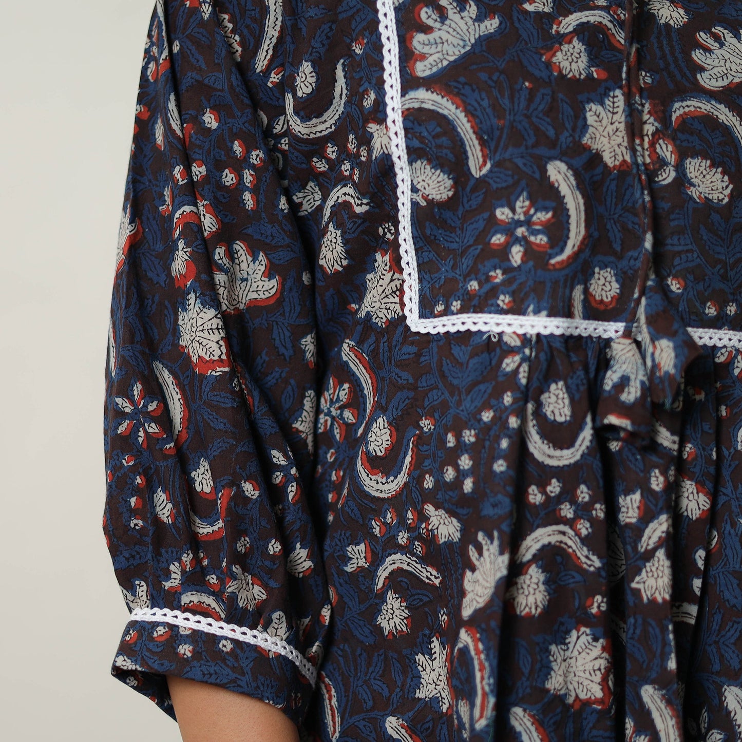 Blue Block Print Cotton Bagru Co-Ord Set with Lace Work