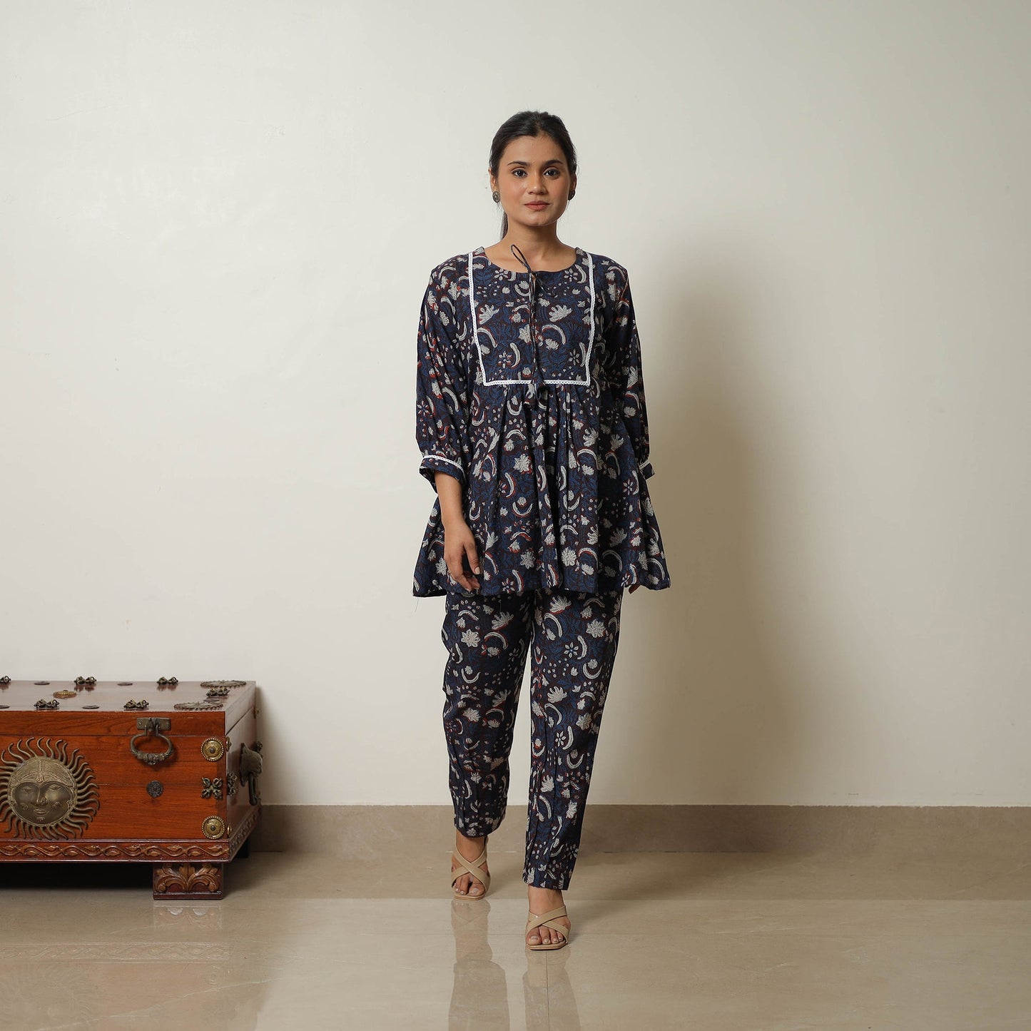 Blue Block Print Cotton Bagru Co-Ord Set with Lace Work