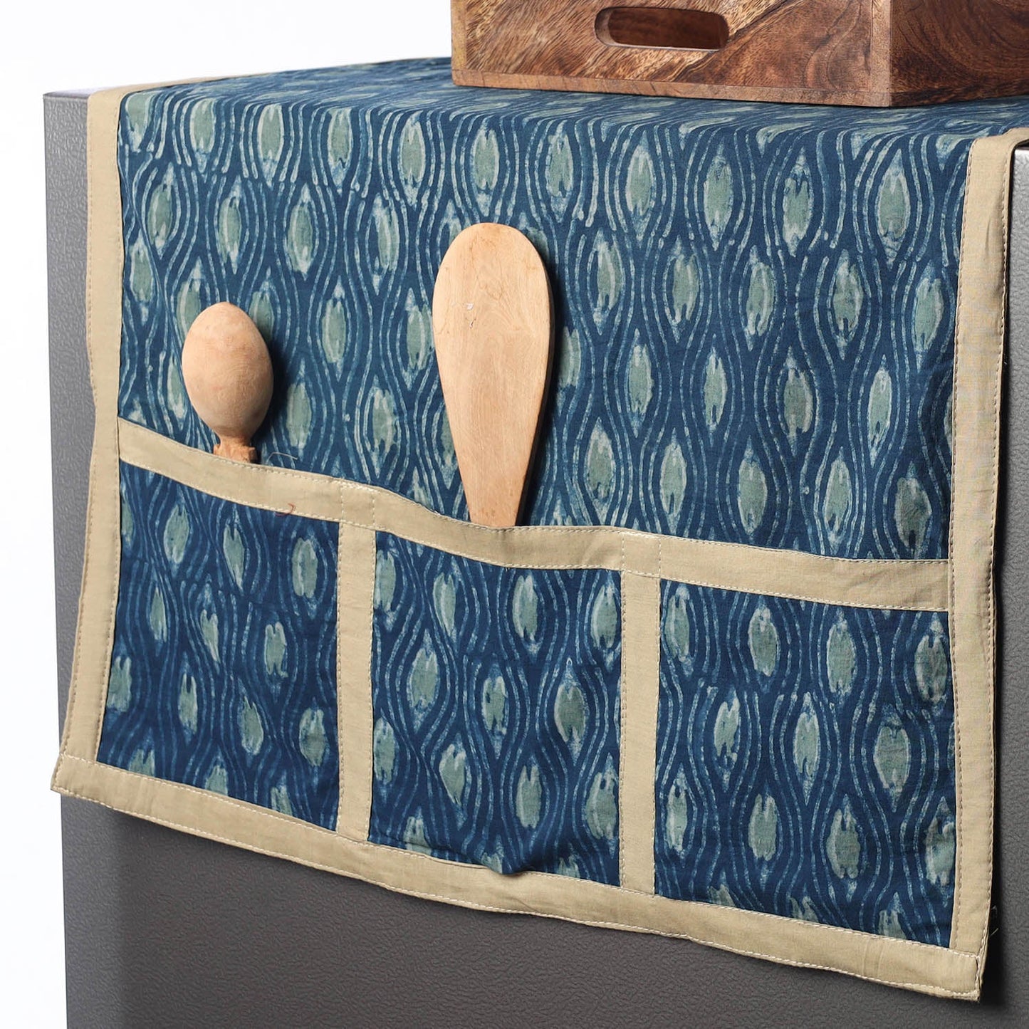 Blue Ajrakh Block Printed Cotton Fridge Top Cover with Pockets
