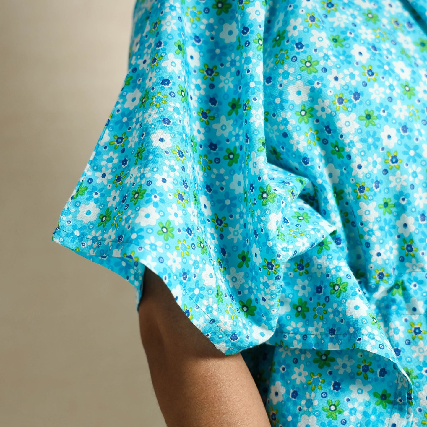 Blue Block Printed Cotton Kaftan Pyjama Night Suit Set