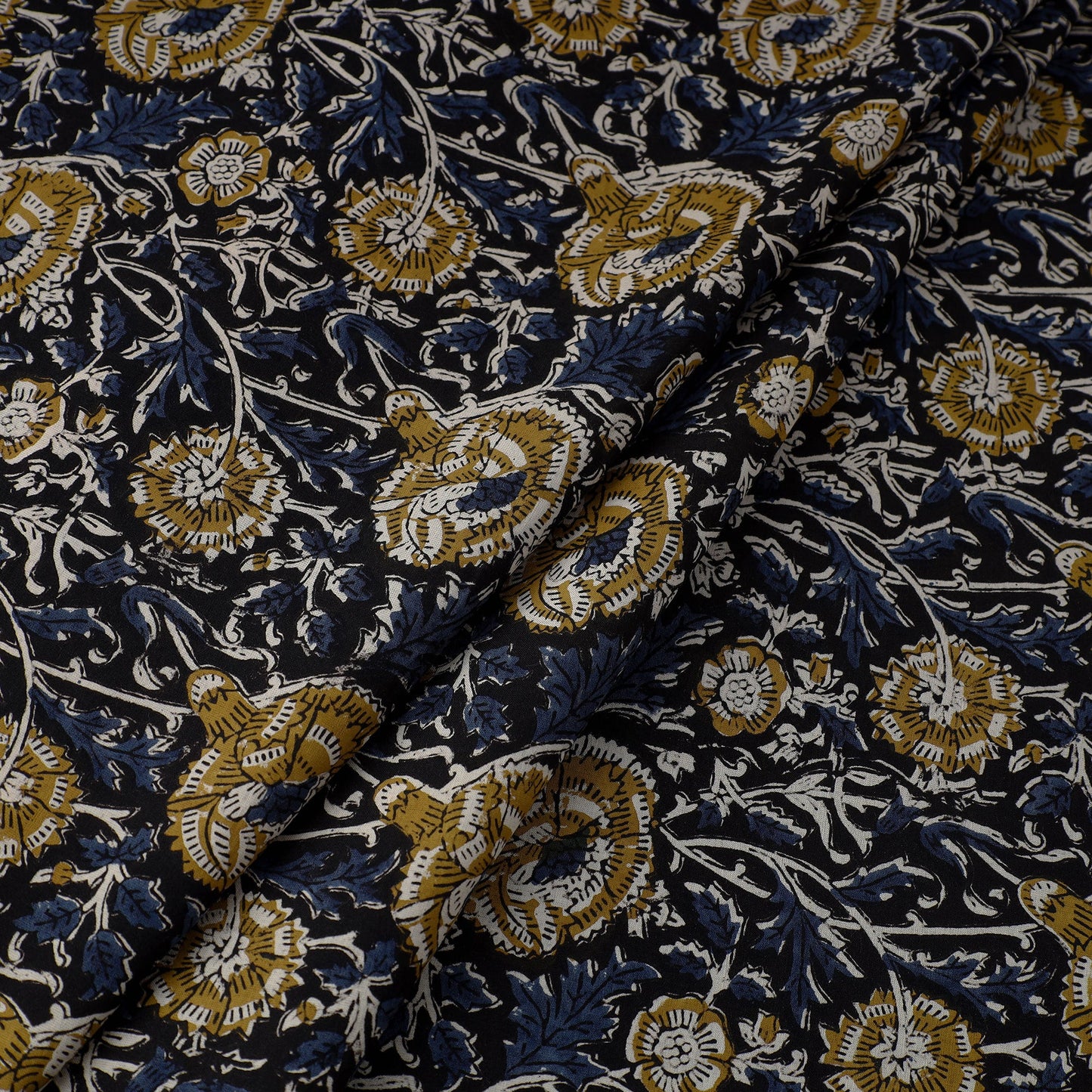 Blue Block Printed Cotton Kalamkari Bagru Fabric