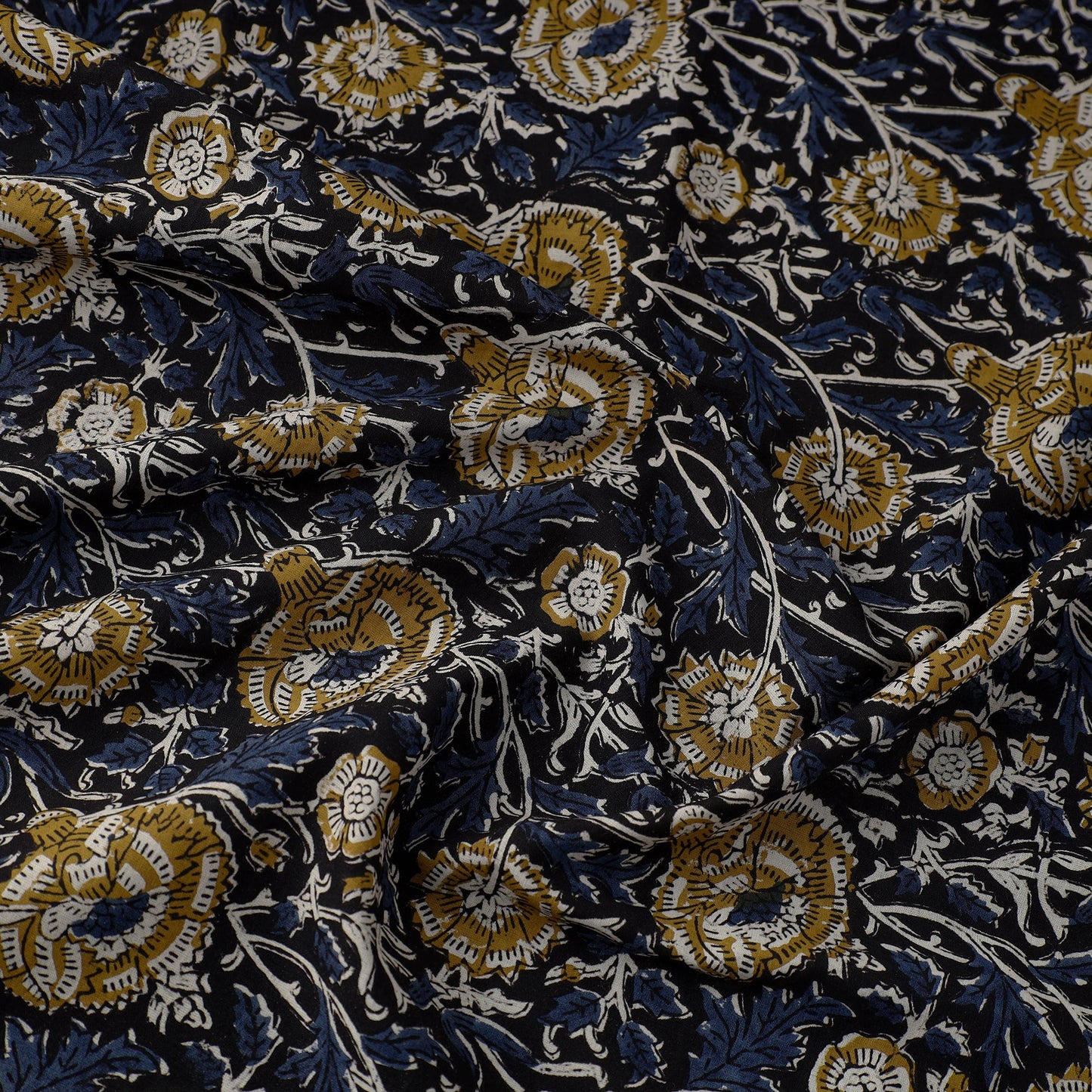 Blue Block Printed Cotton Kalamkari Bagru Fabric