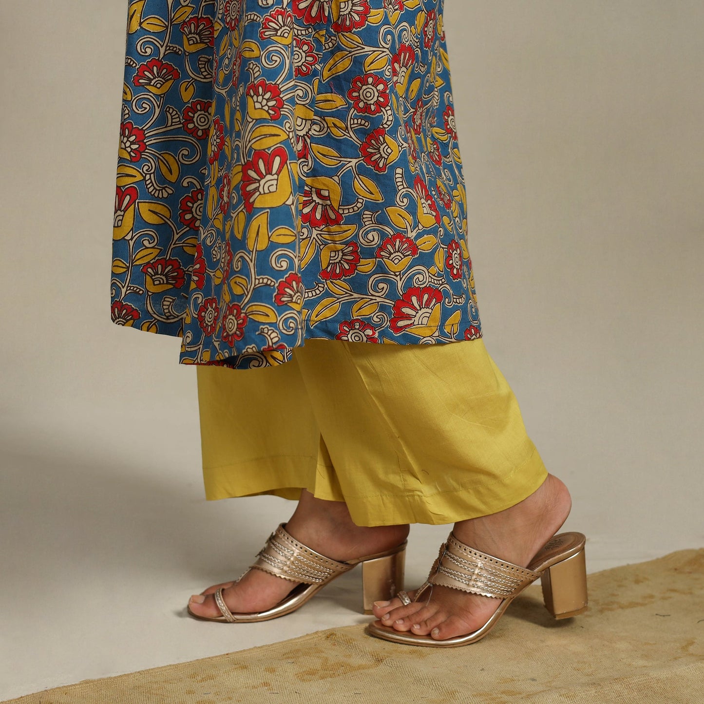Blue Printed Cotton A-Line Kalamkari Kurta with Embroidery