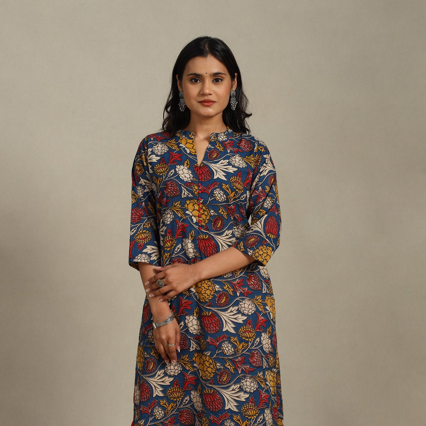 Blue Printed Cotton Straight Kalamkari Kurta