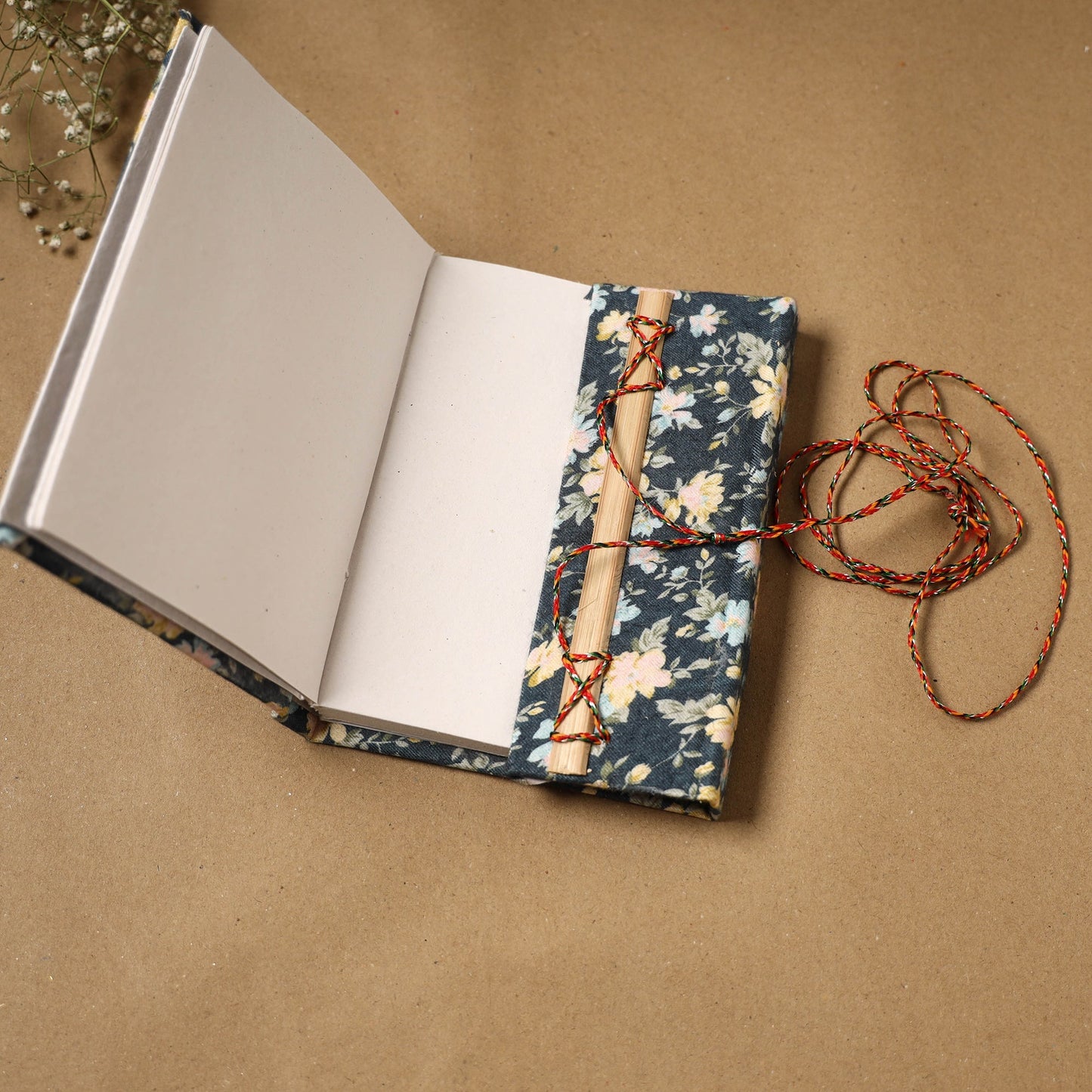 Printed fabric cover handmade paper notebook with thread