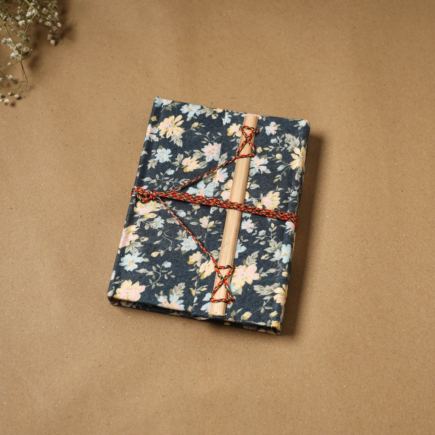 Printed fabric cover handmade paper notebook with thread