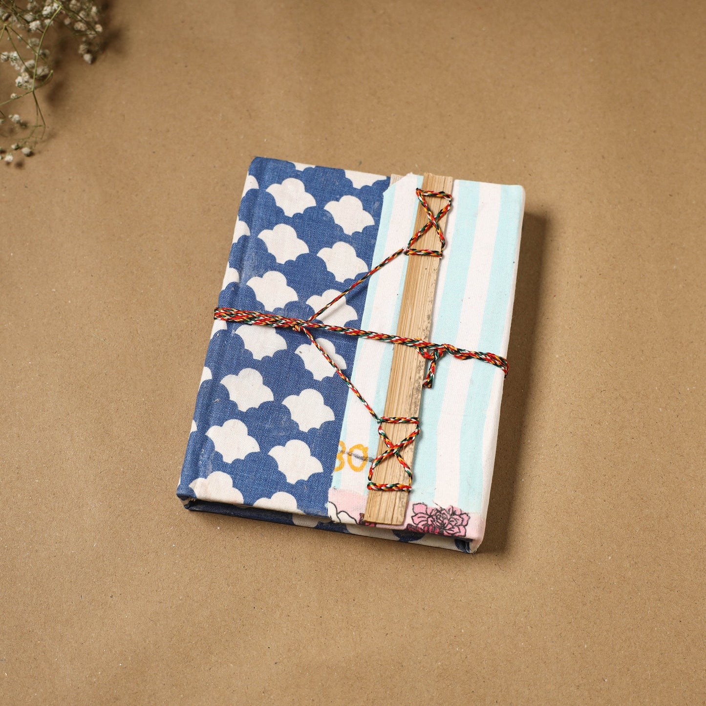 Printed fabric cover handmade paper notebook with thread