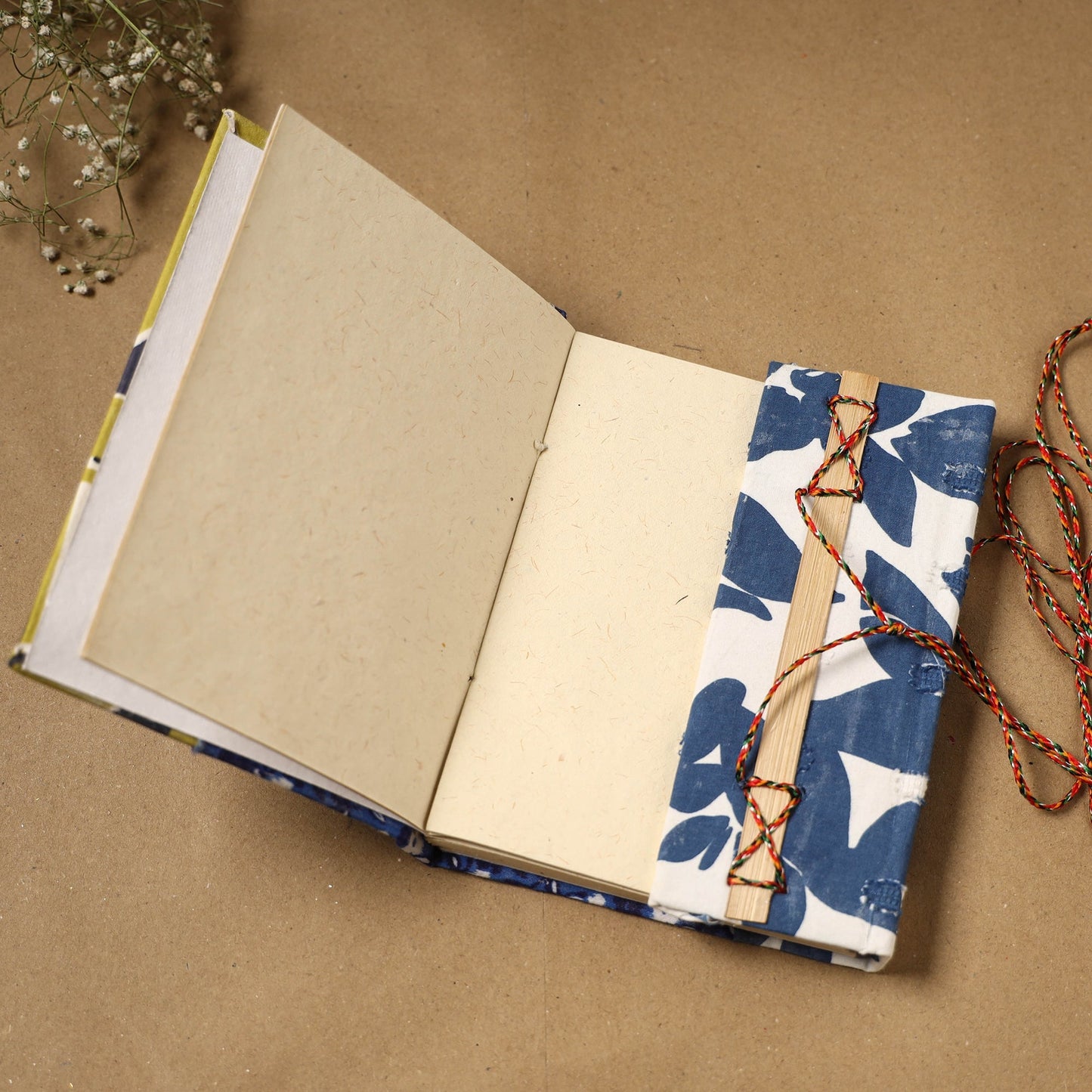 Printed fabric cover handmade paper notebook with thread