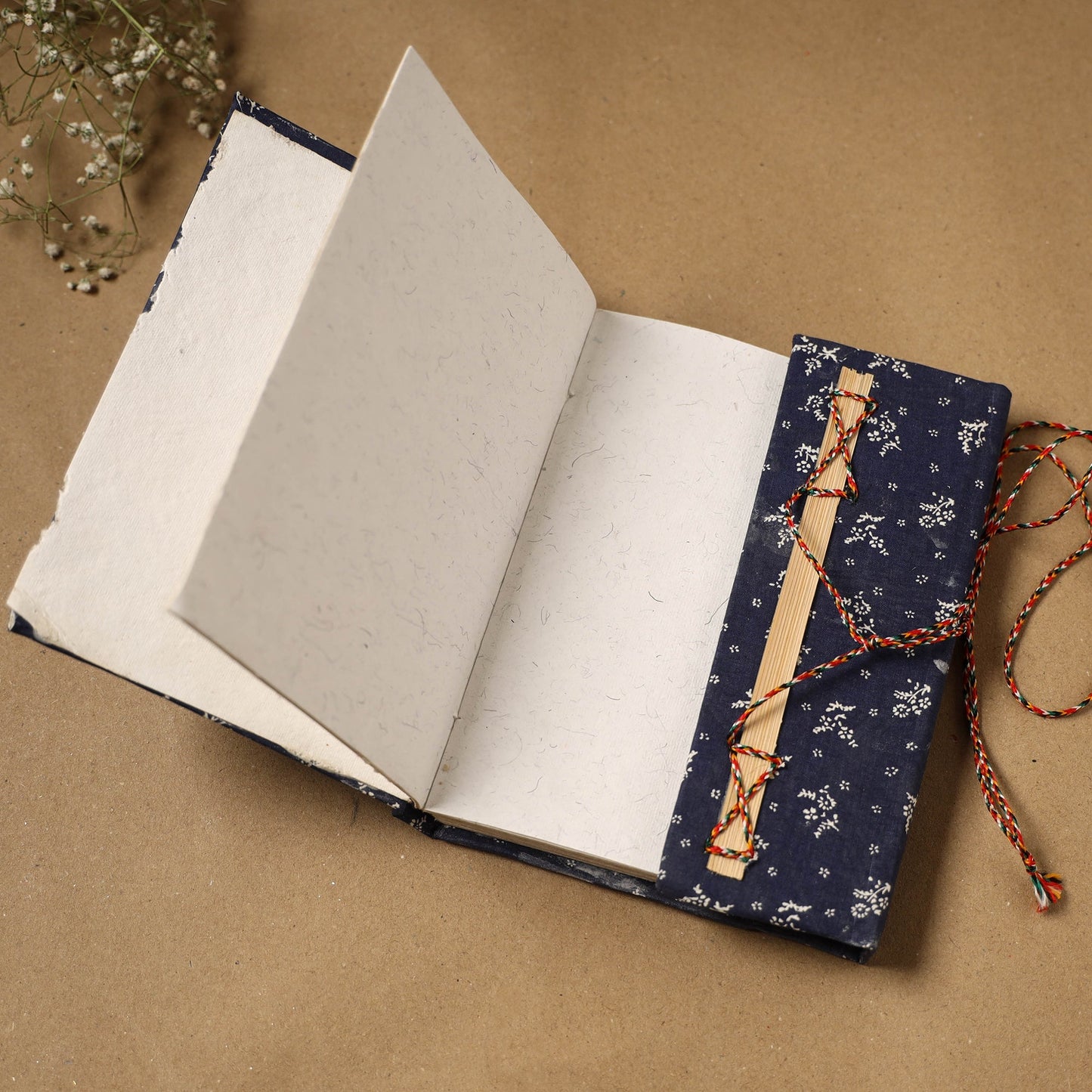 Printed fabric cover handmade paper notebook with thread