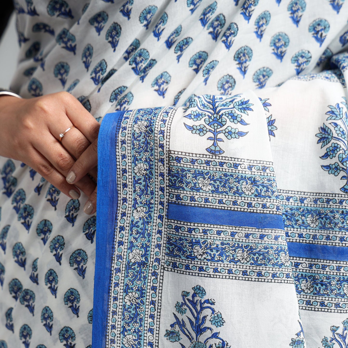 Buy Block Printed Mul Cotton Sanganeri Saree