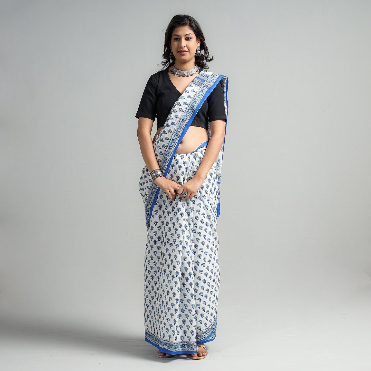 Buy Block Printed Mul Cotton Sanganeri Saree