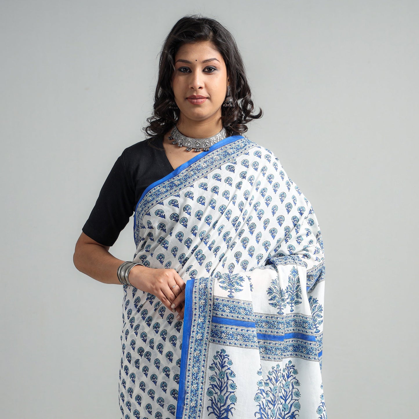 Buy Block Printed Mul Cotton Sanganeri Saree