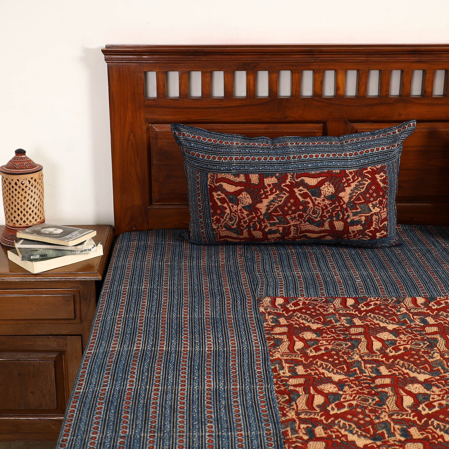 Ajrakh Block Printed Patchwork Cotton Double Bed Cover with Pillow Covers