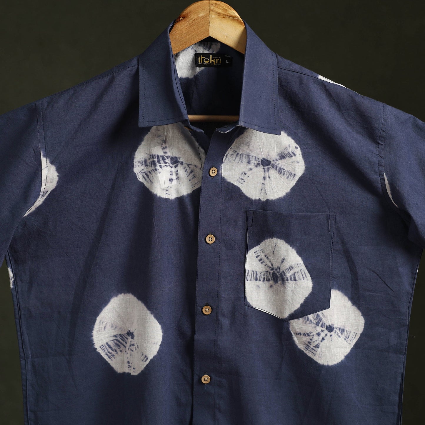 Blue - pure cotton half sleeve tie-dye men shibori shirt 37