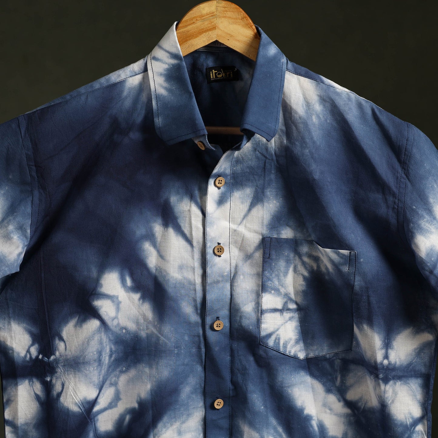 Blue - pure cotton half sleeve tie-dye men shibori shirt 47