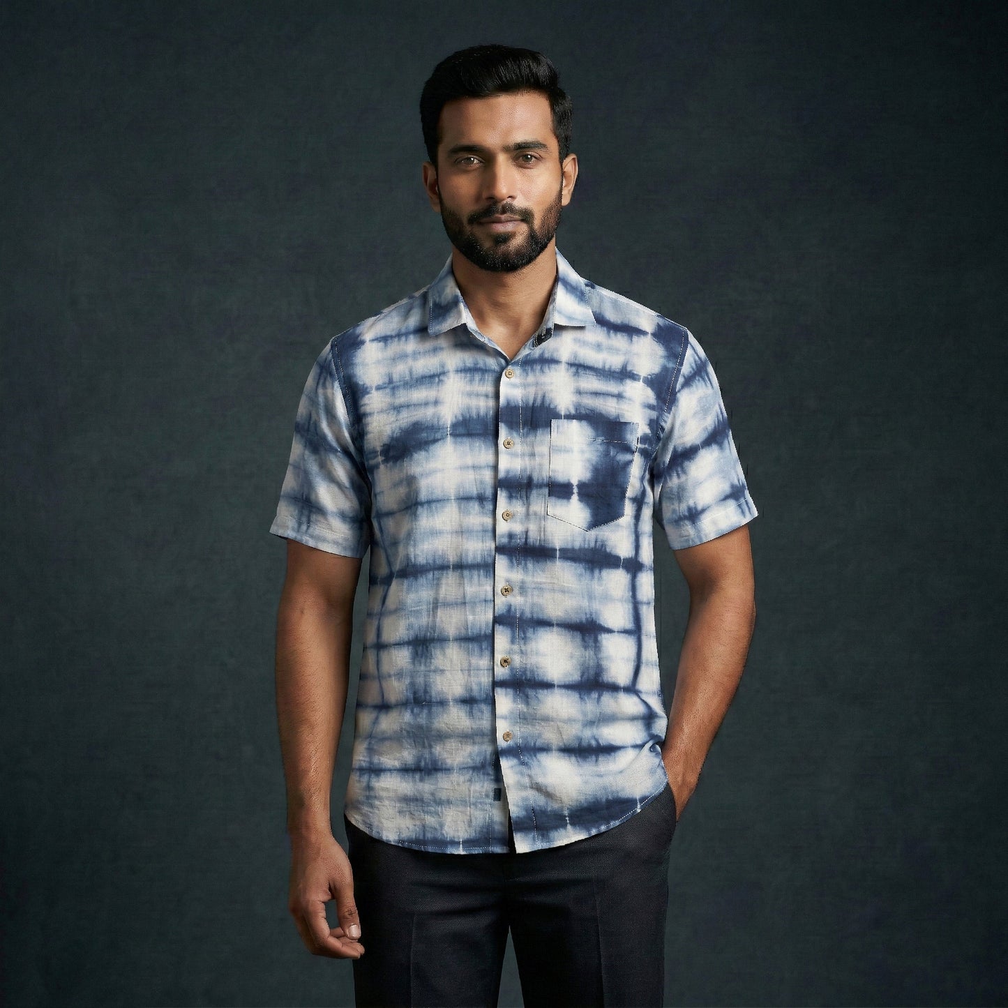 Blue - pure cotton half sleeve tie-dye men shibori shirt 51