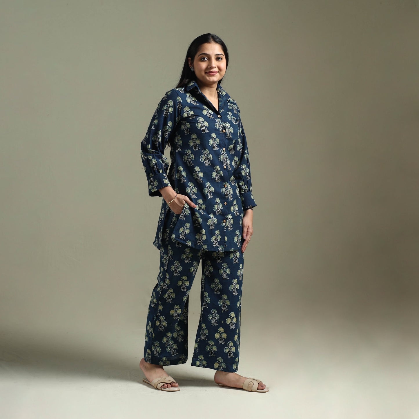 Pure cotton natural dyed ajrakh hand block print night suit