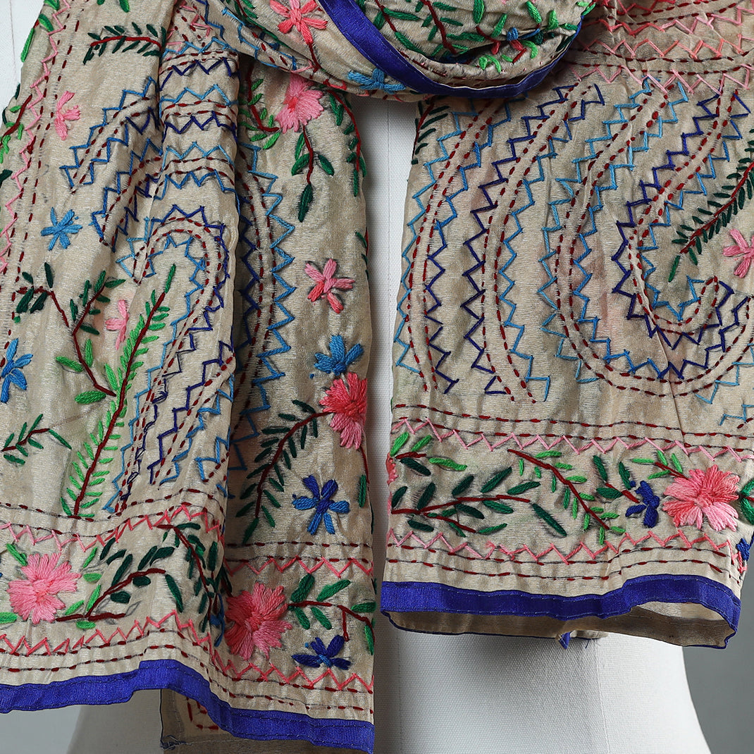 Blue Ranihati Chapa Work Embroidery Chanderi Silk Stole