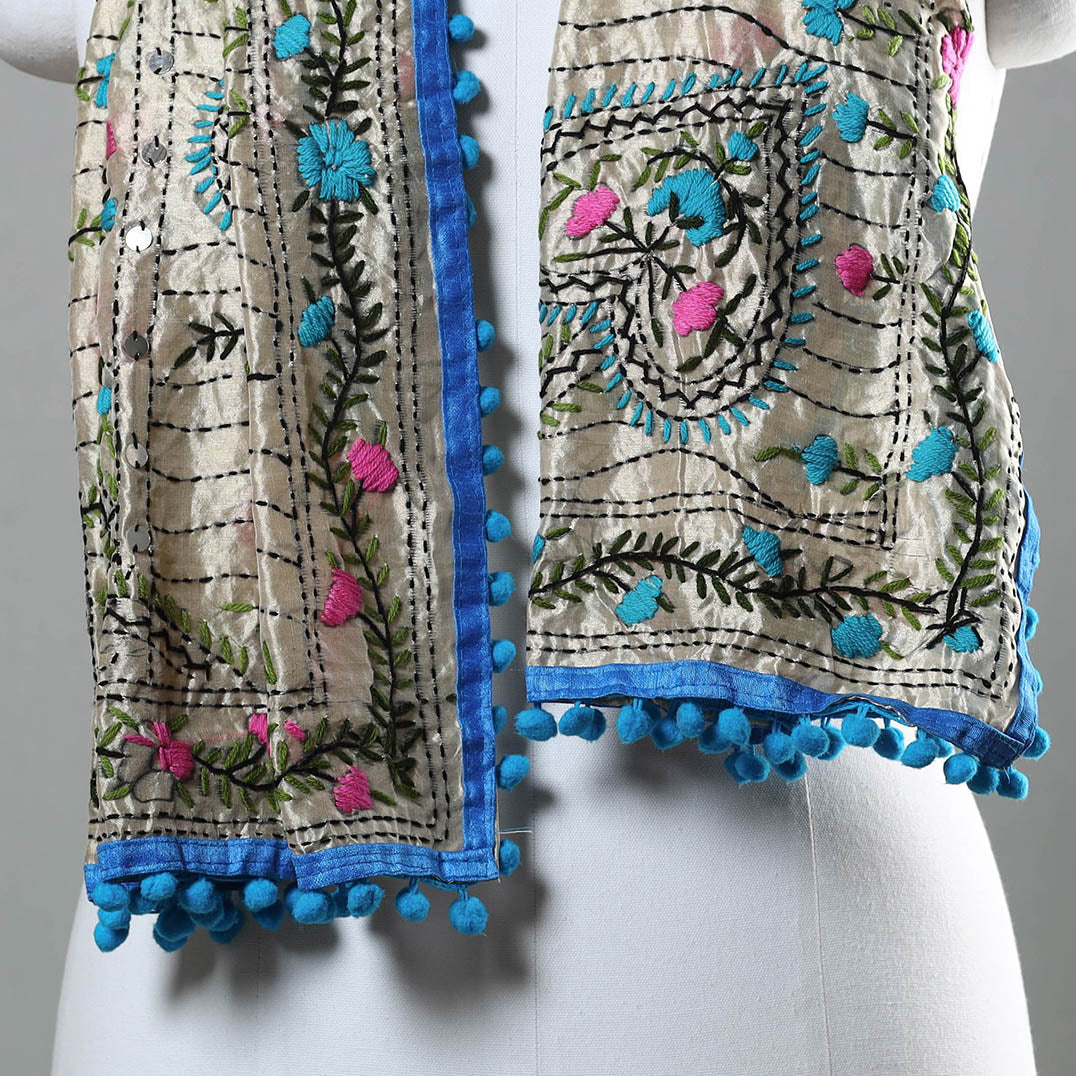 Blue Ranihati Chapa Work Embroidery Chanderi Silk Stole with Pom Pom