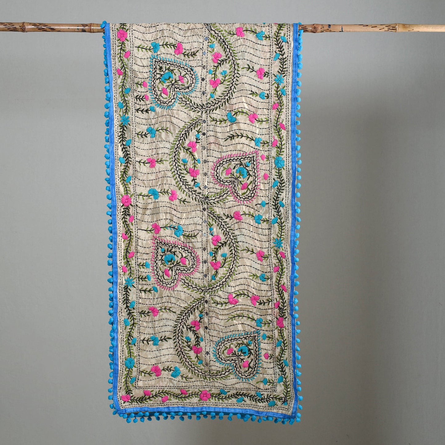Blue Ranihati Chapa Work Embroidery Chanderi Silk Stole with Pom Pom