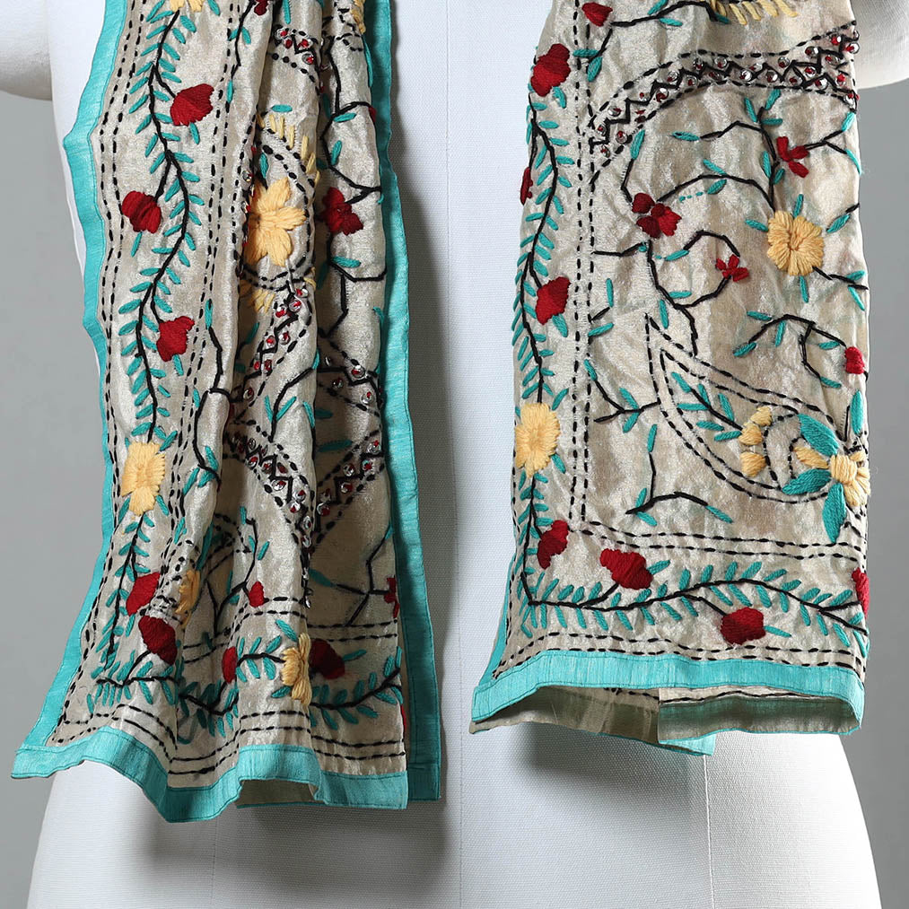 Blue Ranihati Chapa Work Embroidery Chanderi Silk Stole