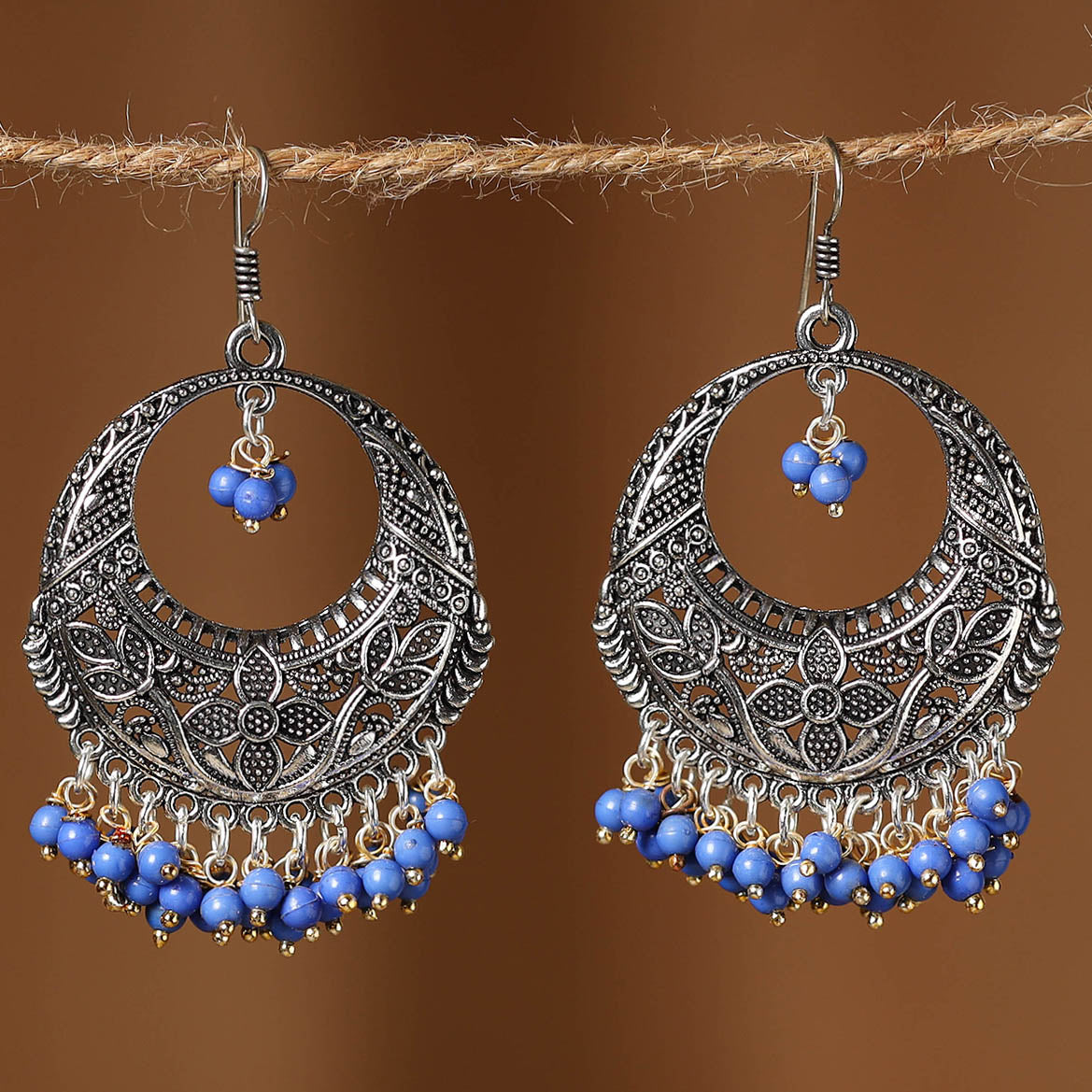 Blue Rasha German Silver Beaded Earrings