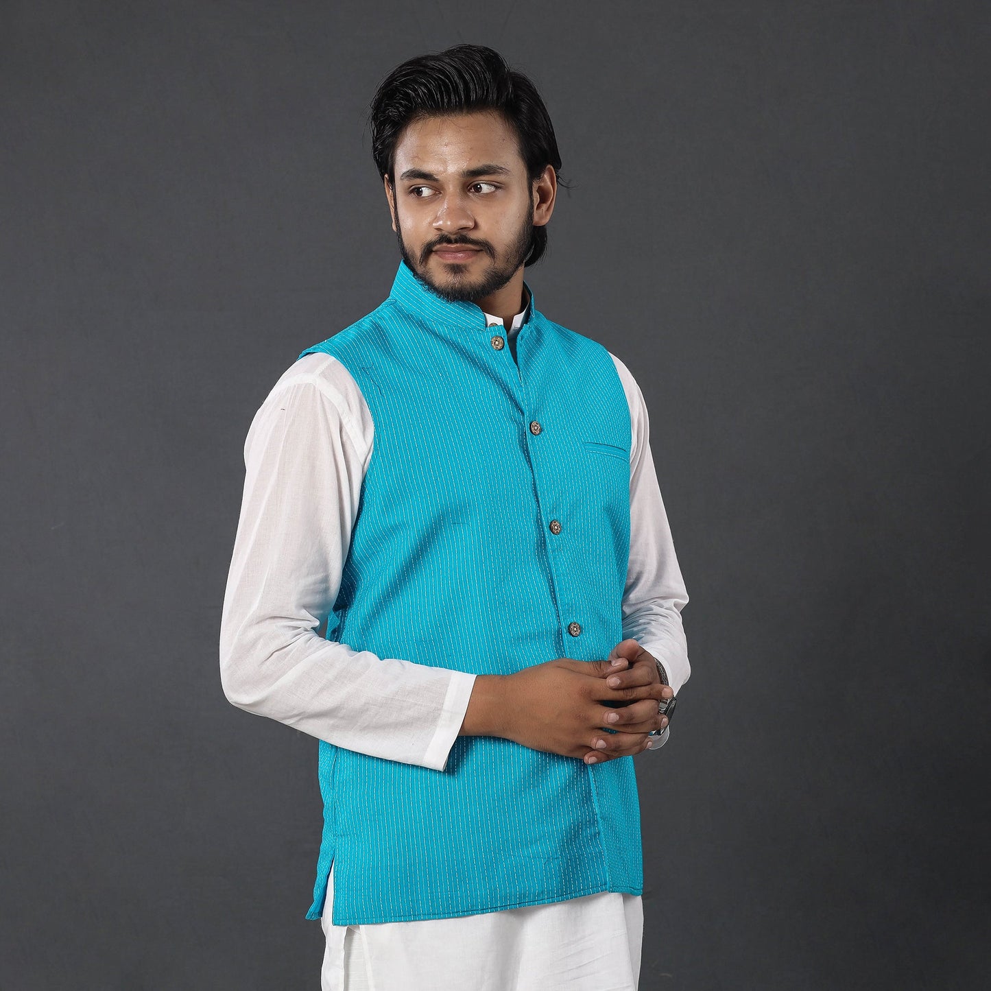 Blue - running stitch cotton nehru jacket - handcrafted