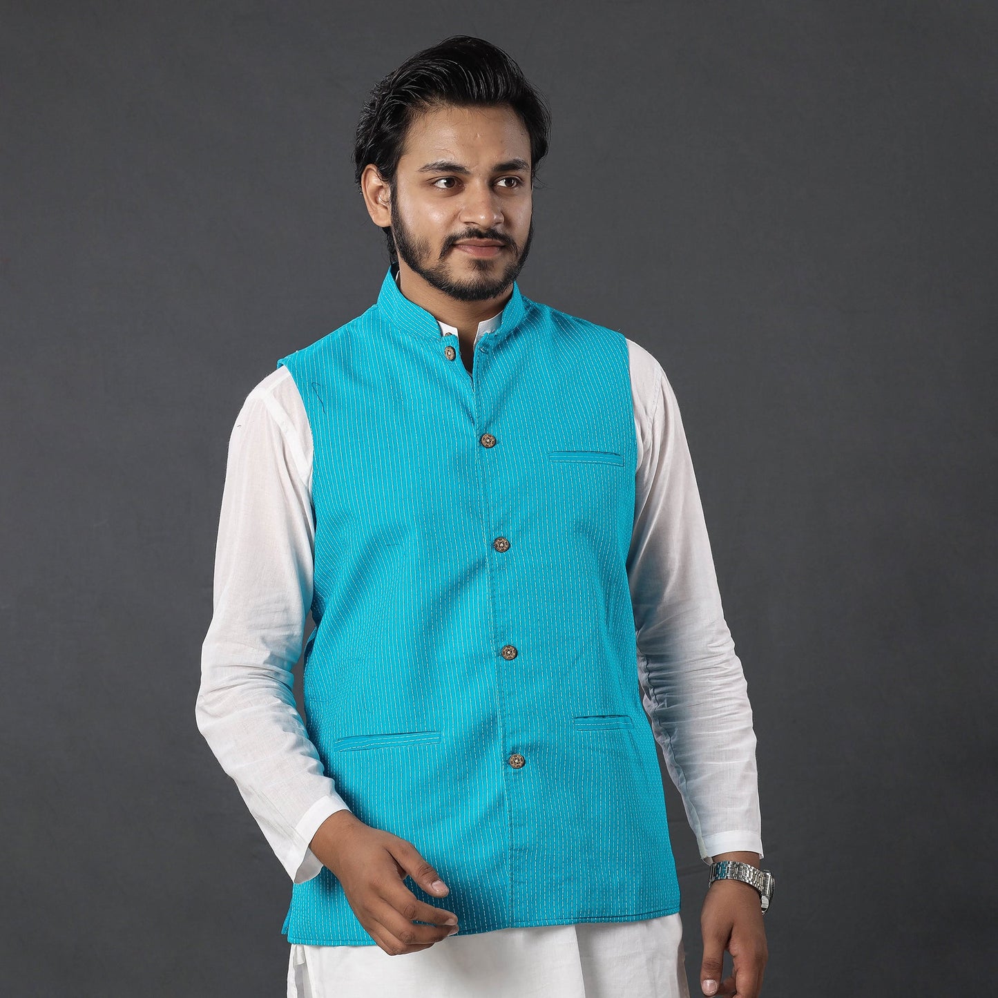 Blue - running stitch cotton nehru jacket - handcrafted