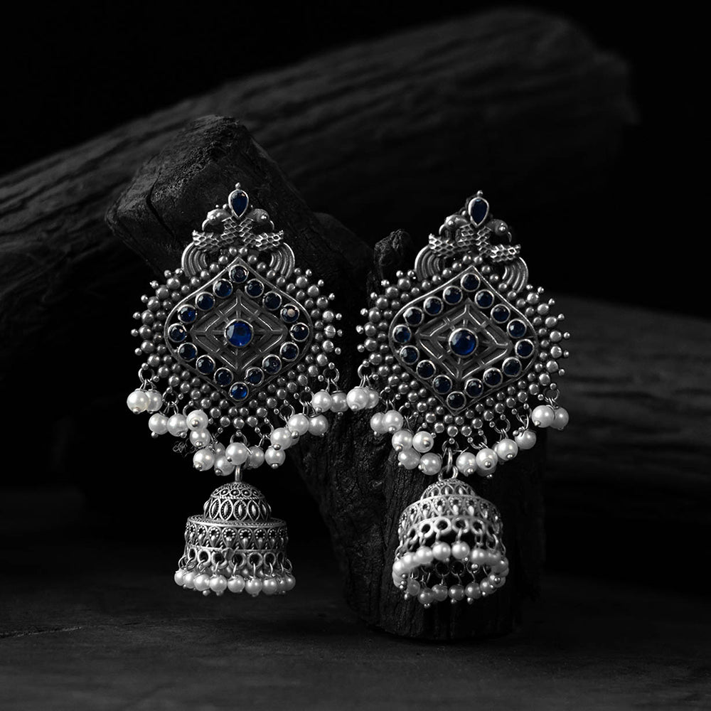 Blue - saanjh bela mayur oxidised jhumka earrings