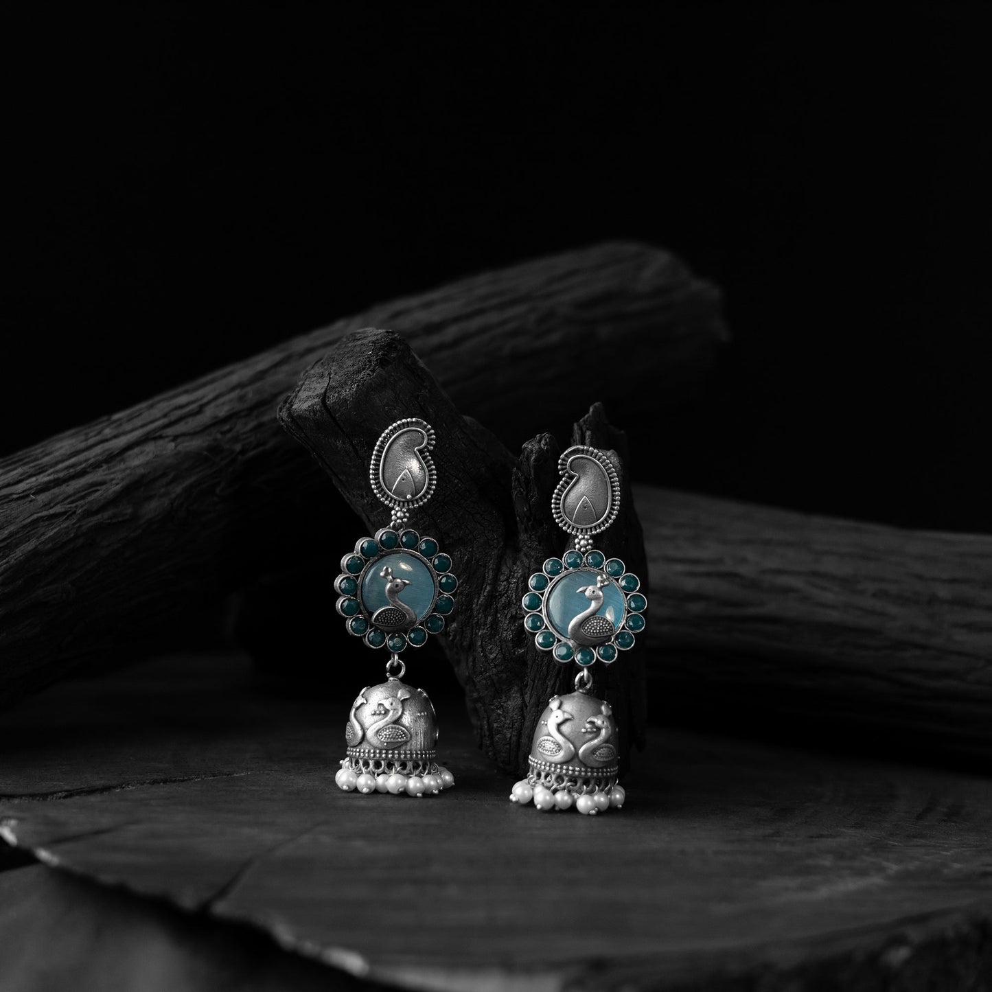 Blue - saanjh bela peacock & paisley oxidised jhumka