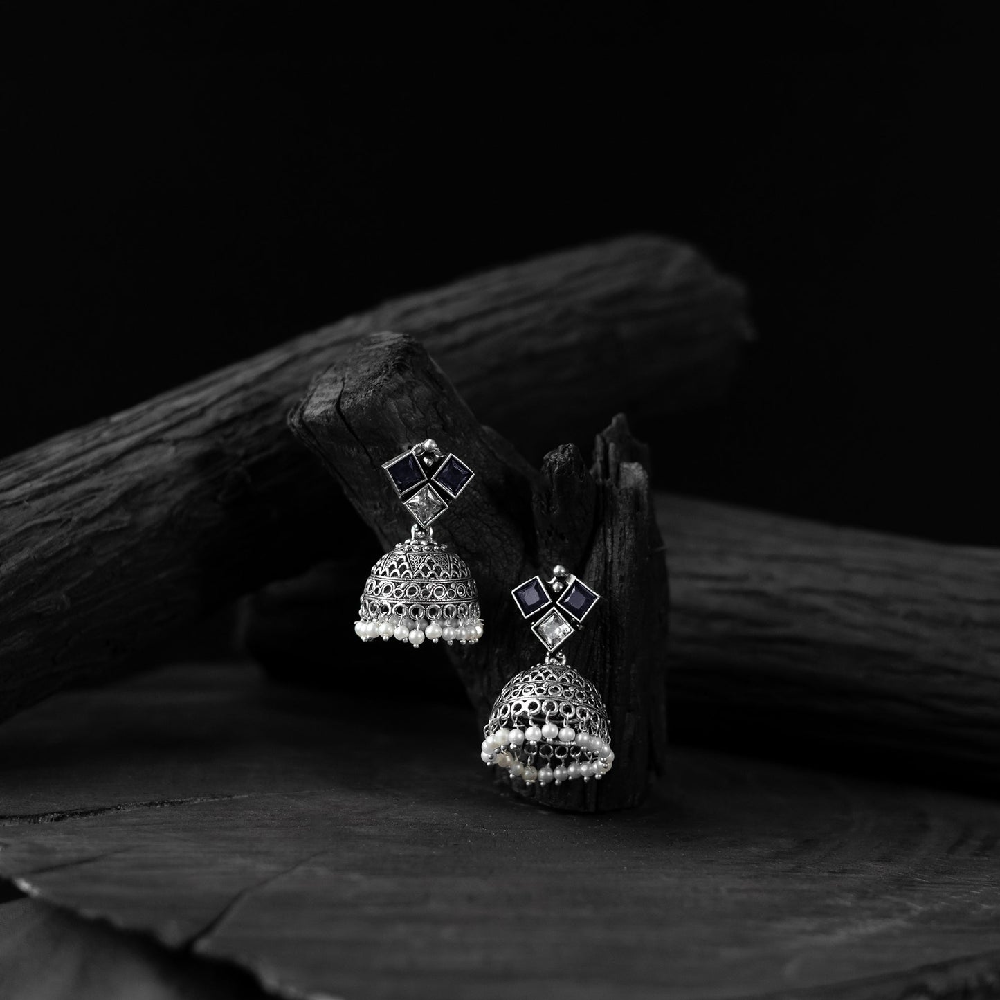 Blue - saanjh bela square oxidised jhumka earrings
