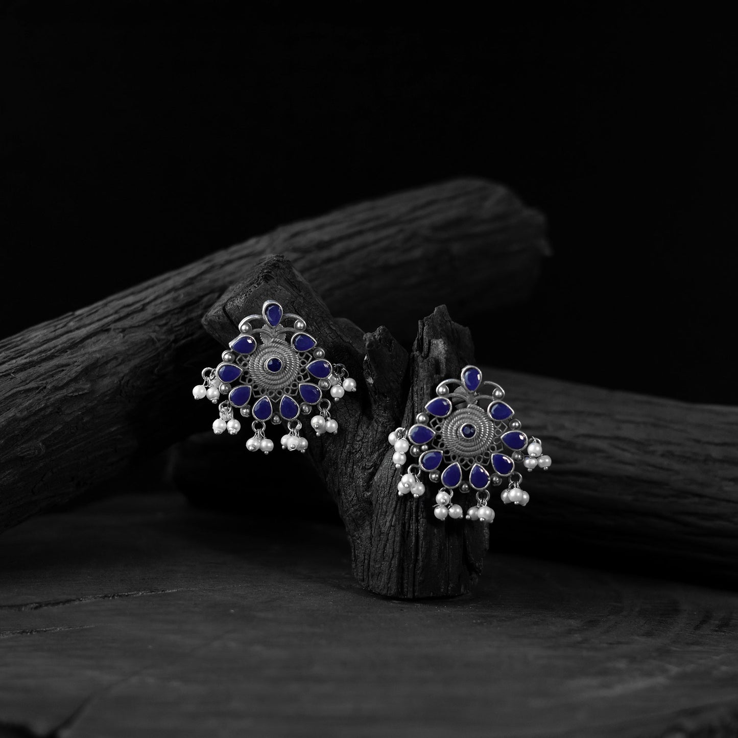 Blue - saanjh bela stone oxidised earrings - handcrafted