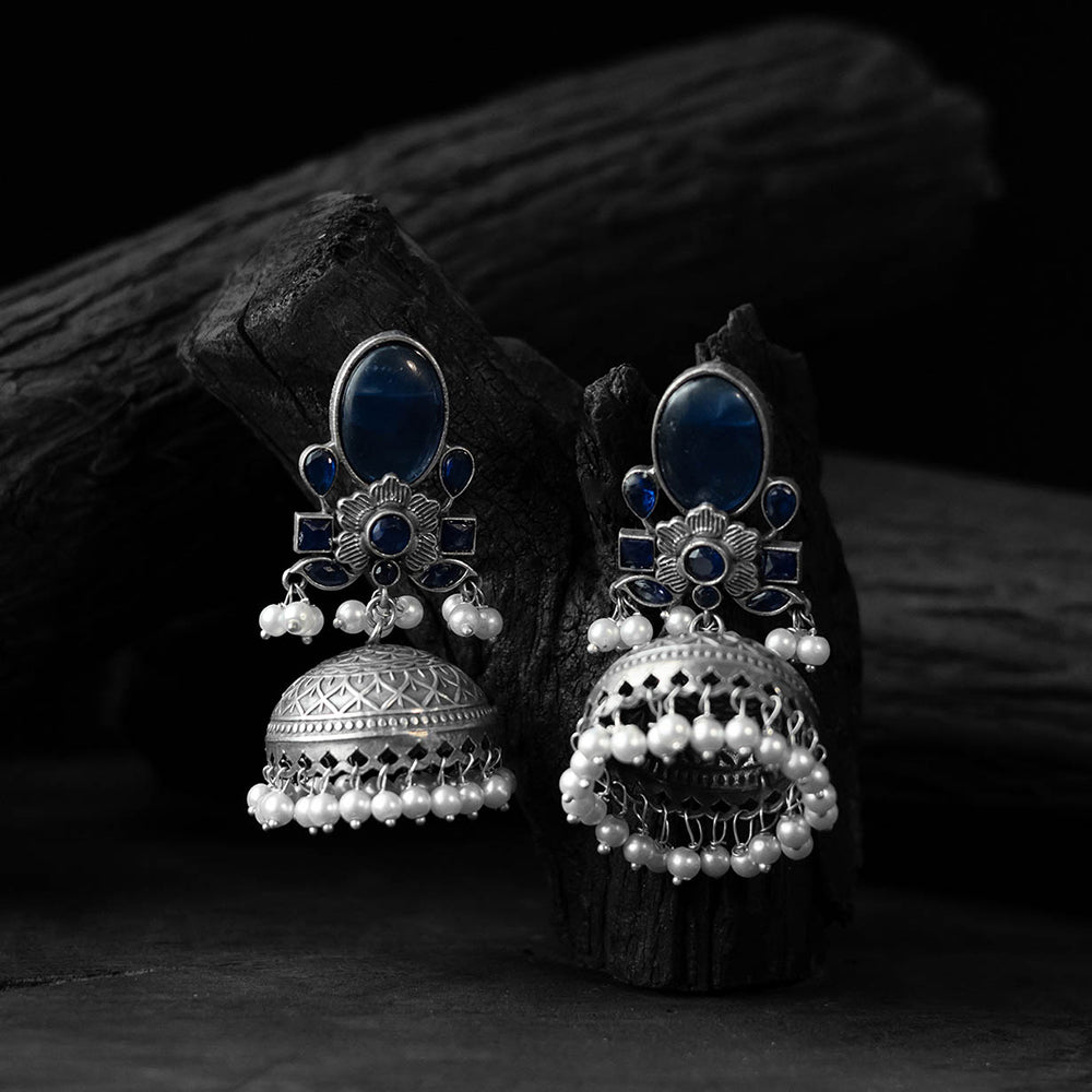 Blue - saanjh bela stone oxidised jhumka earrings