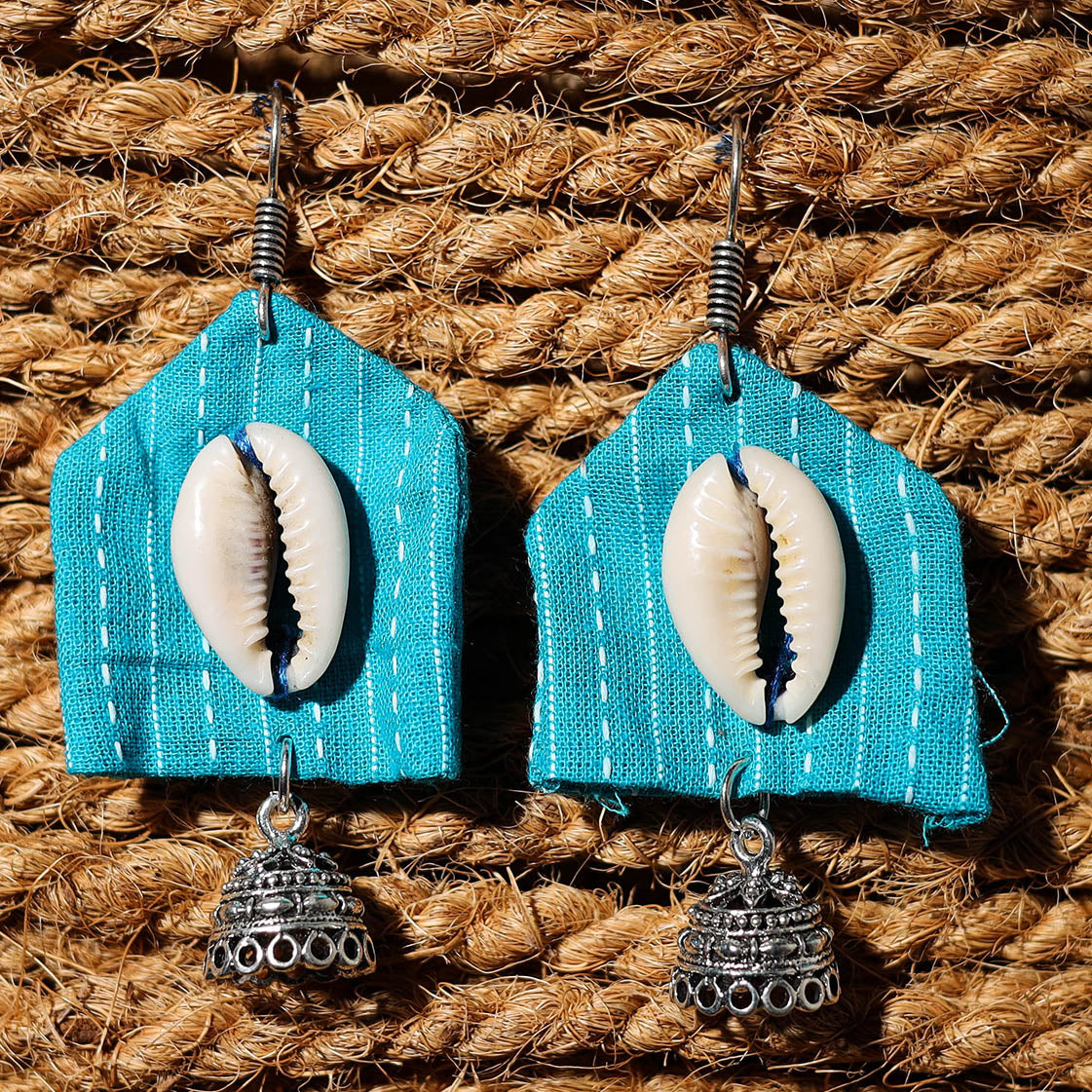 Blue - sanam handcrafted gs & shell work fabart earrings