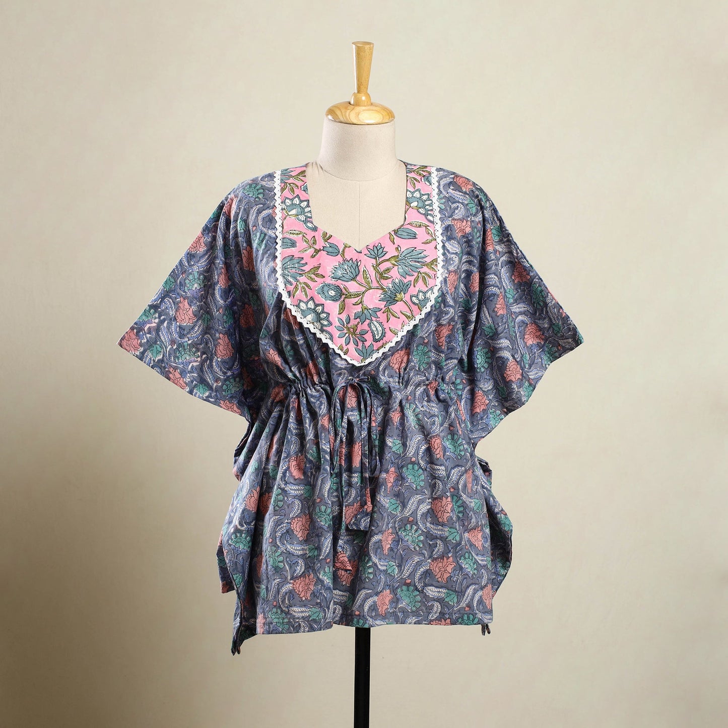 Blue Sanganeri Block Print Cotton Kaftan
