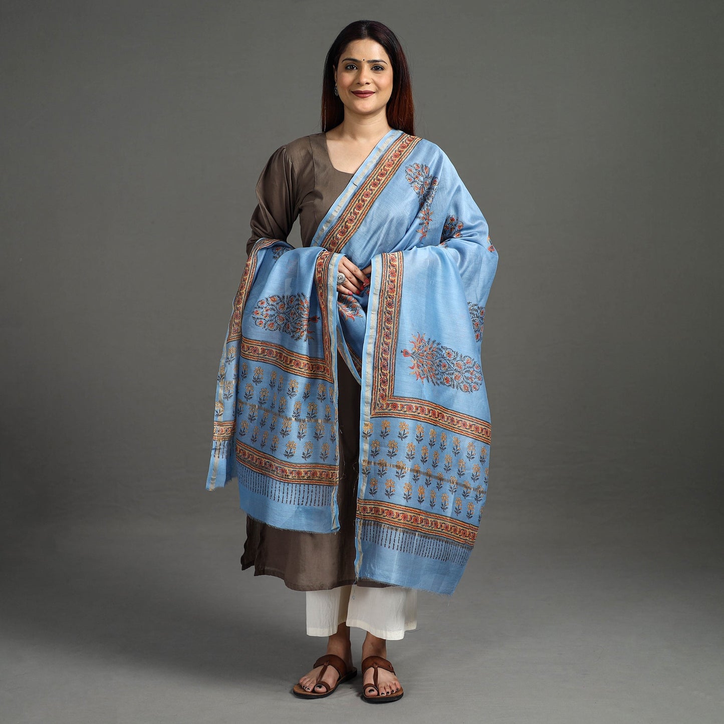 Sanganeri Block Printed Chanderi Silk Zari Border Dupatta 74 Online at iTokri.com