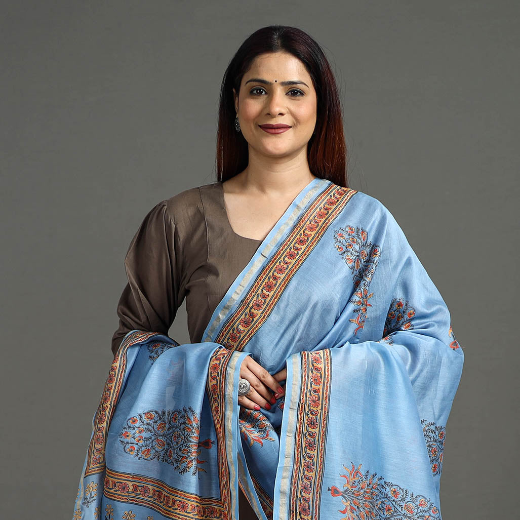 Sanganeri Block Printed Chanderi Silk Zari Border Dupatta 74 Online at iTokri.com