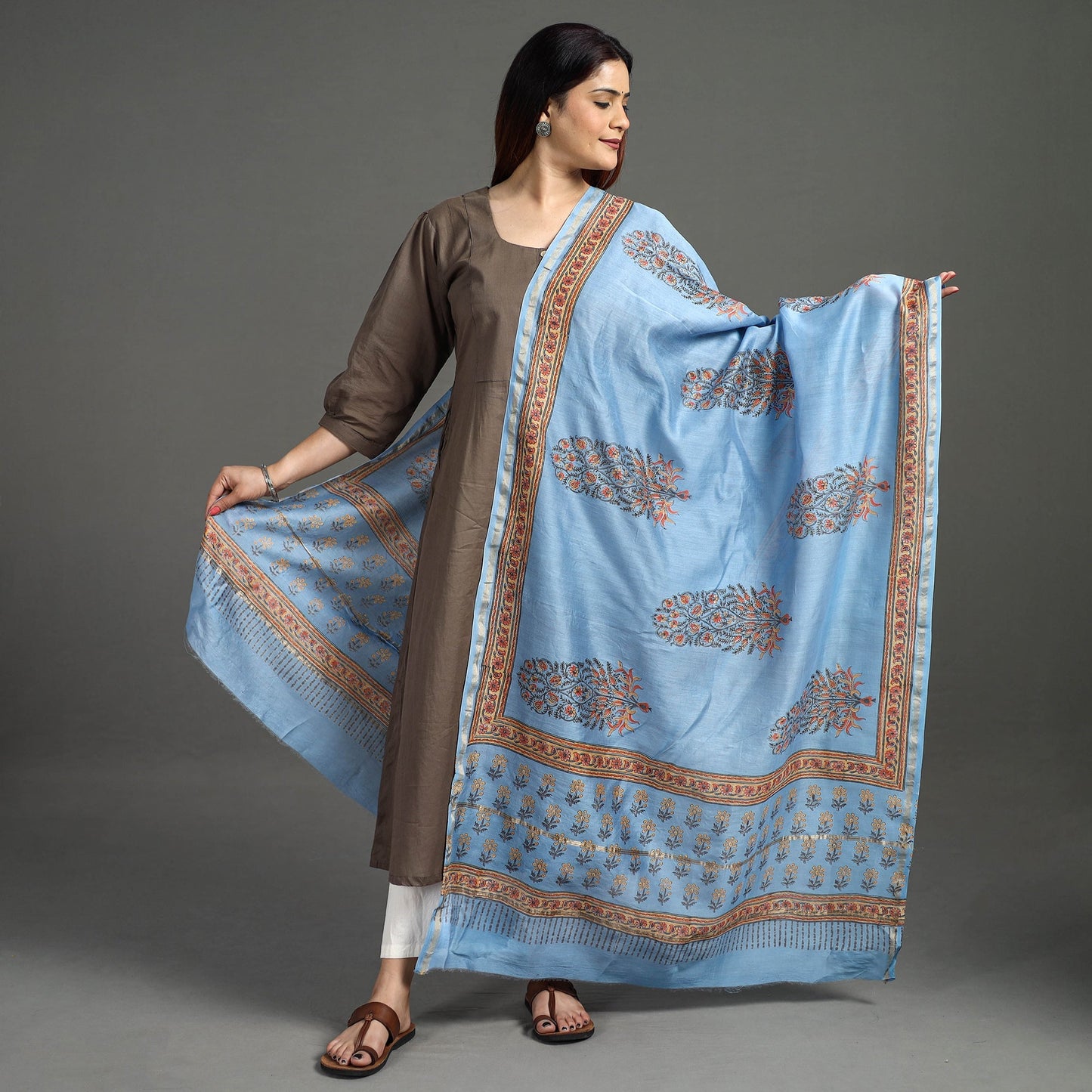 Sanganeri Block Printed Chanderi Silk Zari Border Dupatta 74 Online at iTokri.com