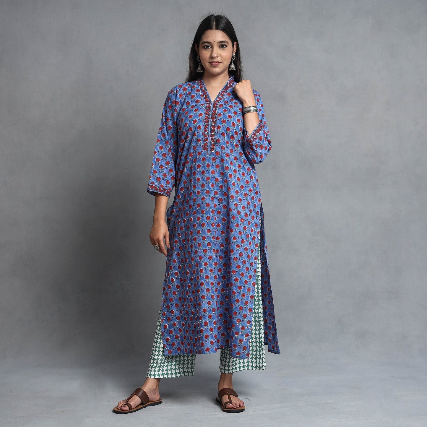 Sanganeri Block Printed Cotton Kurta with Palazzo & Dupatta Set