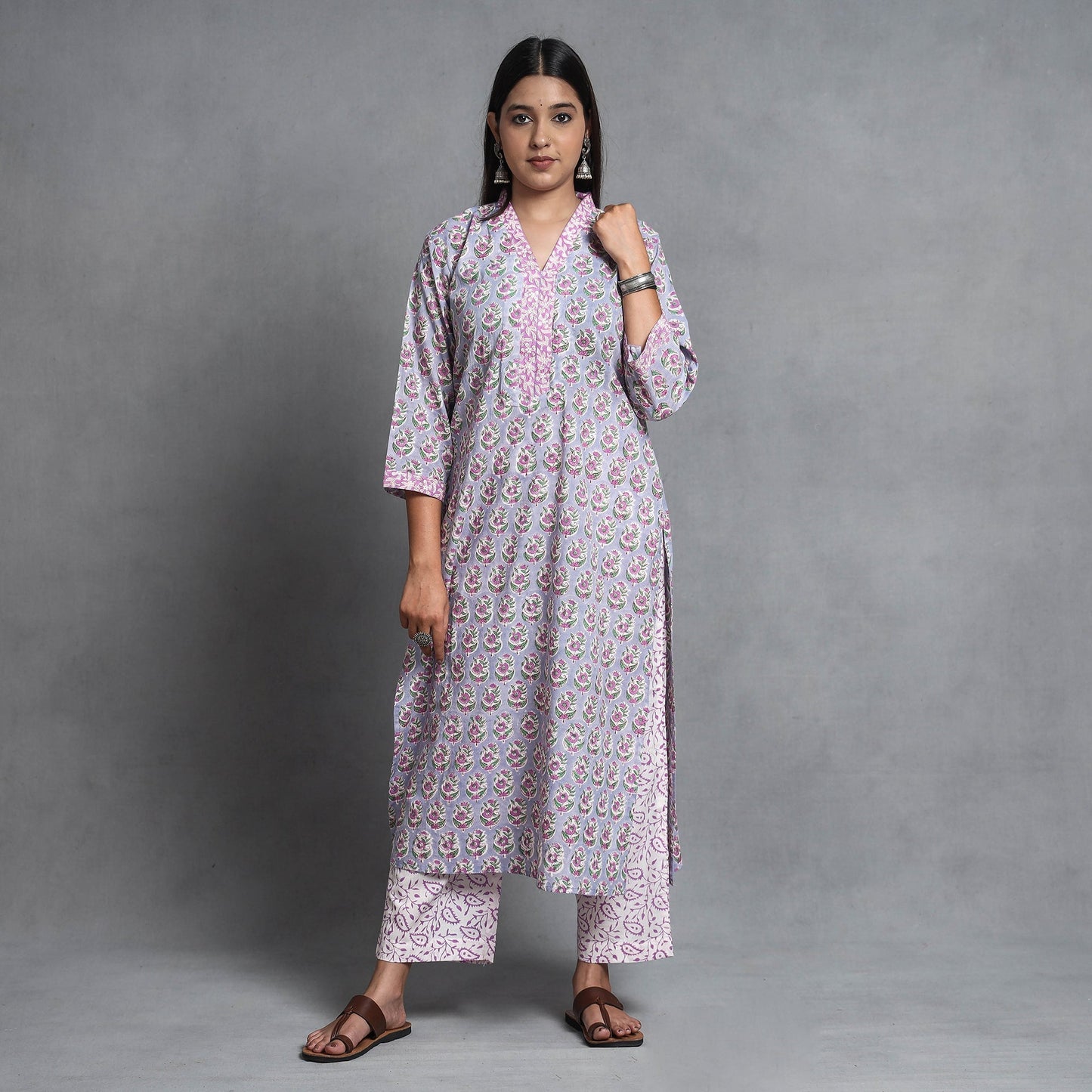 Buy Sanganeri Block Printed Cotton Kurta with Palazzo & Dupatta Set Online at iTokri.com