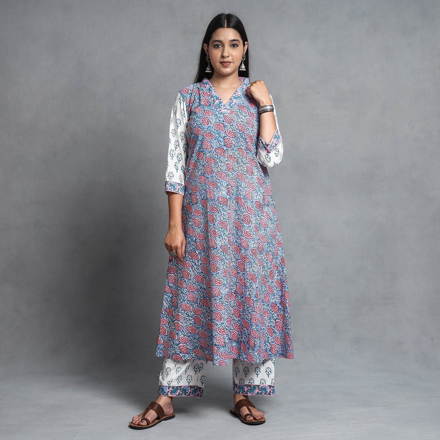 Sanganeri Block Printed Cotton Kurta with Palazzo & Dupatta Set