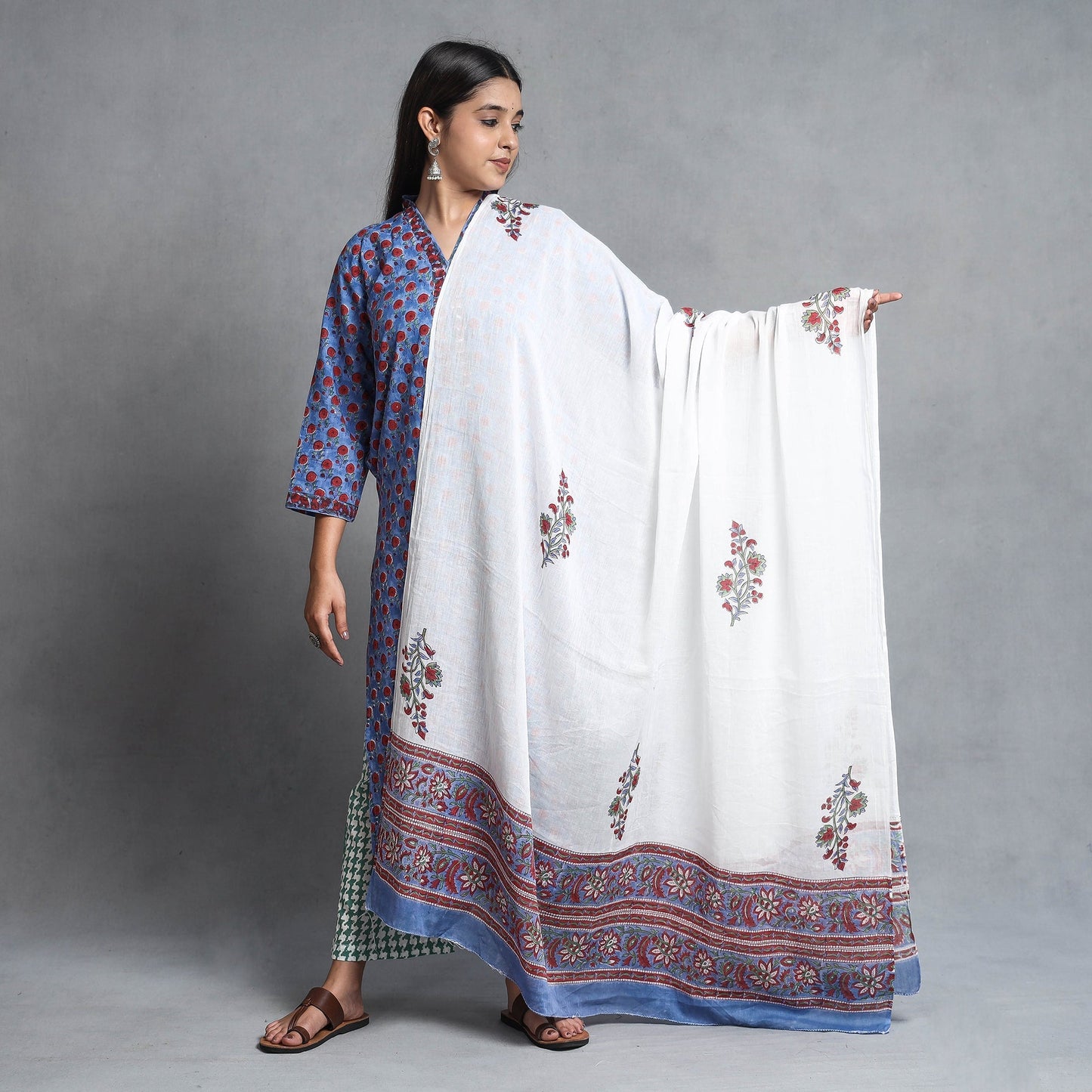 Sanganeri Block Printed Cotton Kurta with Palazzo & Dupatta Set