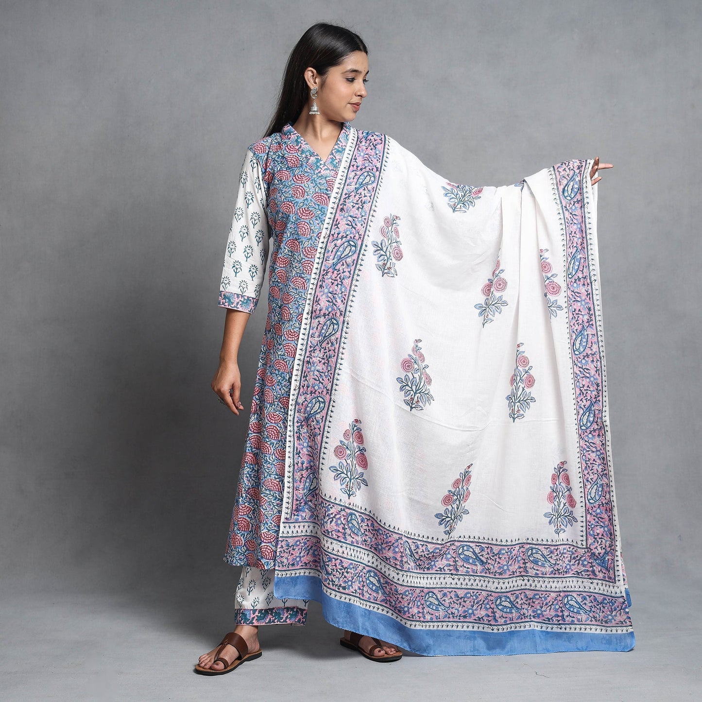 Sanganeri Block Printed Cotton Kurta with Palazzo & Dupatta Set