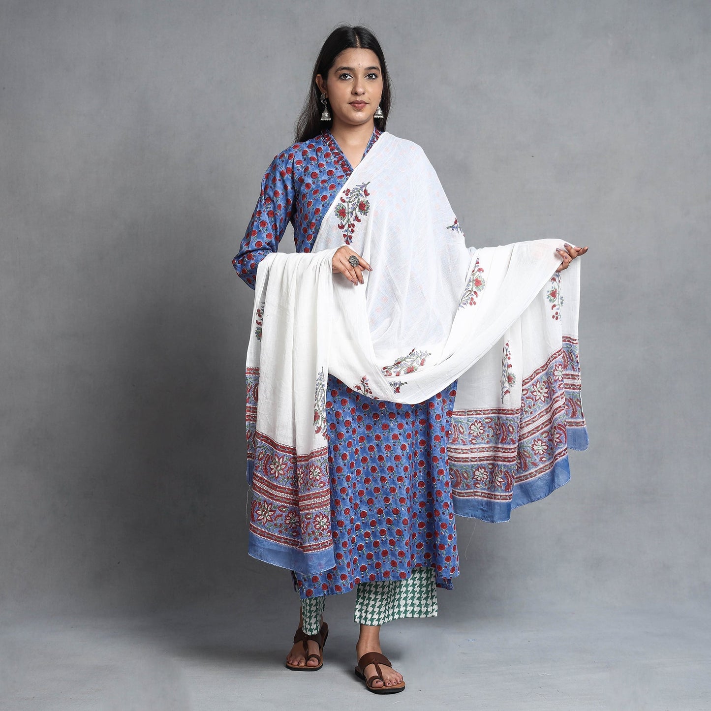 Sanganeri Block Printed Cotton Kurta with Palazzo & Dupatta Set